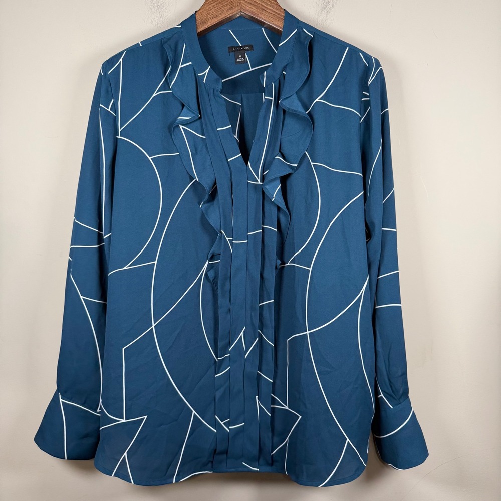 Ann Taylor Geometric Pleated/Ruffle Placket Blouse XL Office Church Business